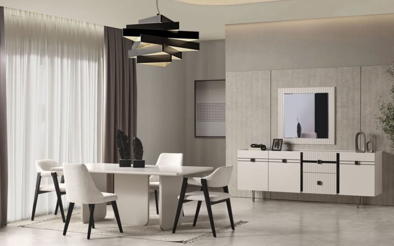 Modern tasarımlı masa ve konforlu sandalyeleriyle Özbay Mobilya, yemek odalarına lüks bir dokunuş kazandırıyor.