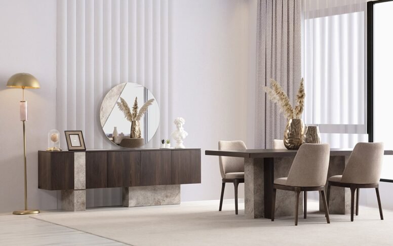 Kaliteli malzeme ve şık detaylar! Masa, konsol, sandalye uyumuyla modern yemek odası takımı.