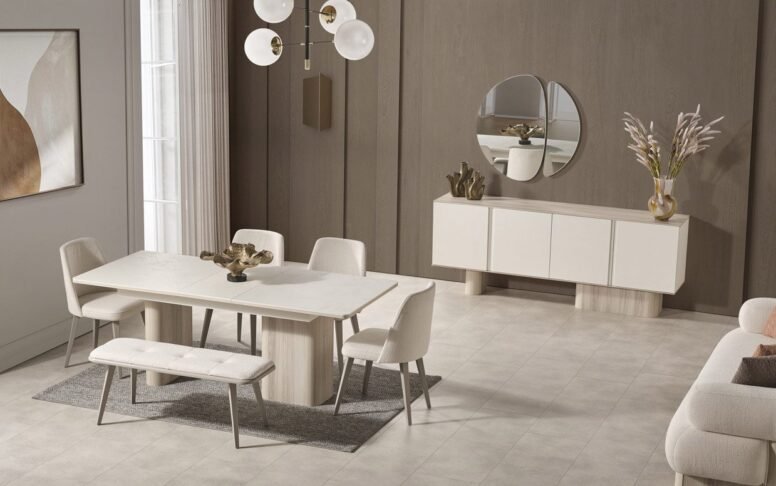 Modern detaylarla zenginleştirilmiş yemek odası takımı, her öğünde zarafeti hissettirir.