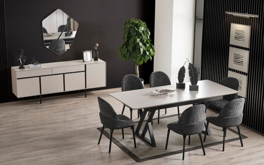 Modern yemek odası, sade tasarımıyla her dekorasyon stiline mükemmel uyum sağlar.
