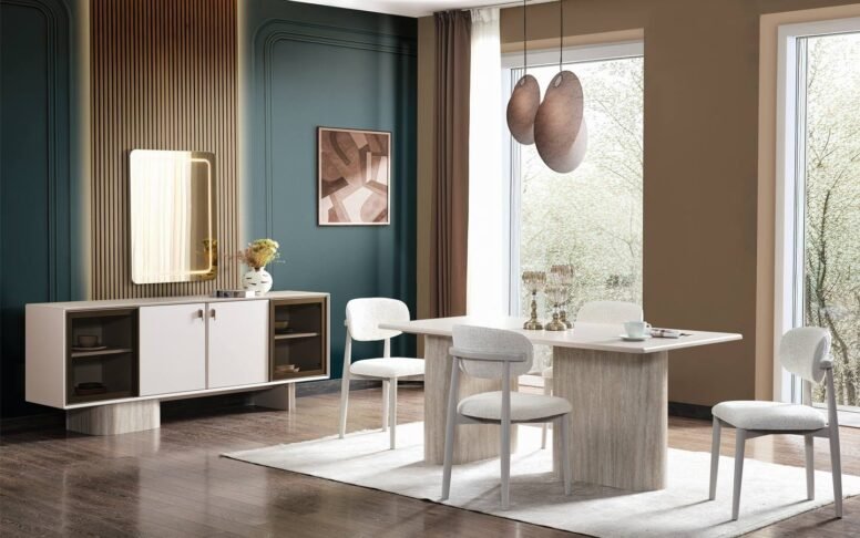 Modern şıklığın simgesi! Masa, konsol ve sandalyeleriyle tamamlanan yemek odası takımı.