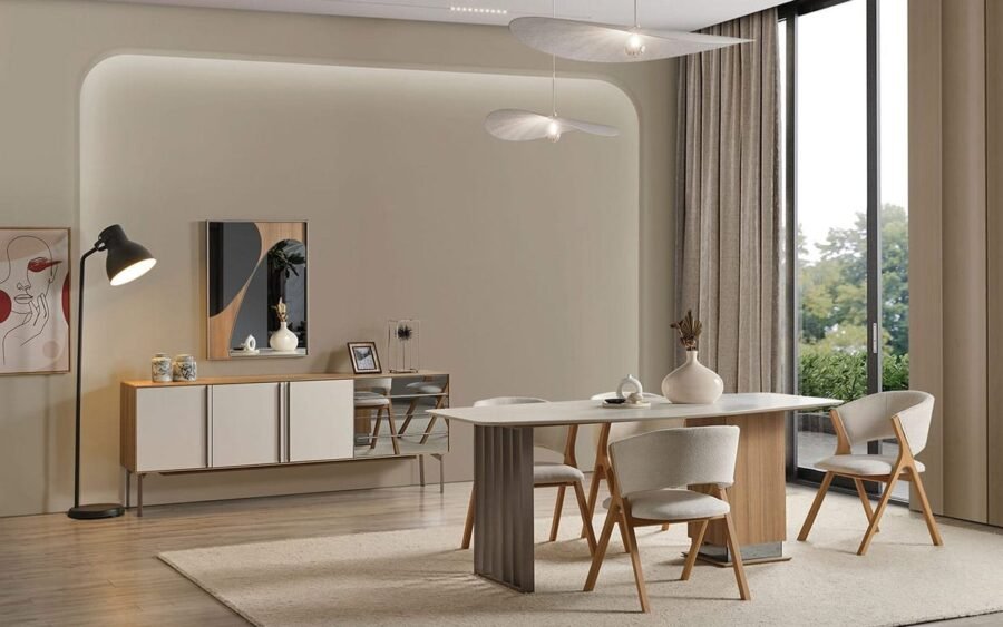 Modern ve zarif hatlara sahip bu yemek odası, konforu ve estetiği buluşturur.