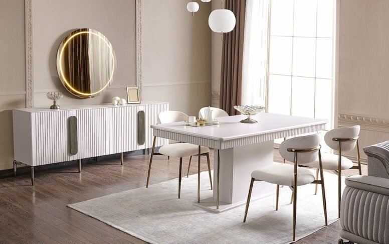 Bohem tarzın sıcak dokusunu hissettiren doğal detaylı yemek odası takımıyla evinizde huzuru yakalayın.