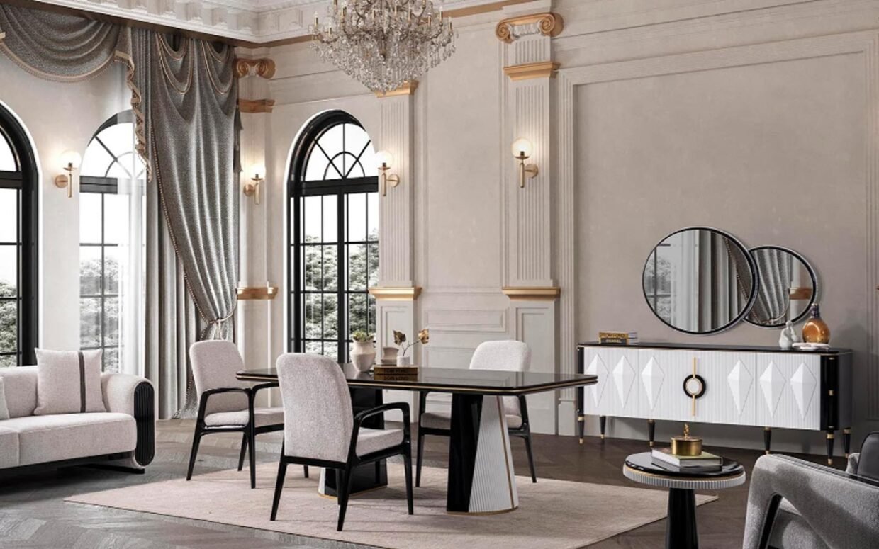 Modern ve minimal tasarımıyla dikkat çeken bu yemek odası takımı, konforlu oturum alanı ile keyifli yemekler sunar.