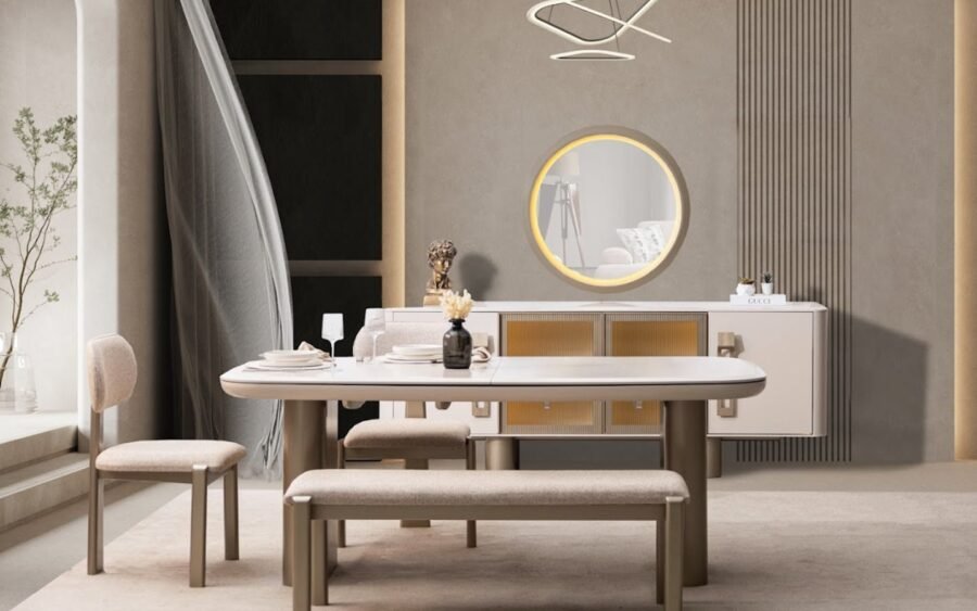 Ahşap detayların sıcaklığıyla tasarlanan bu yemek odası, ferah ve huzurlu bir atmosfer oluşturur.